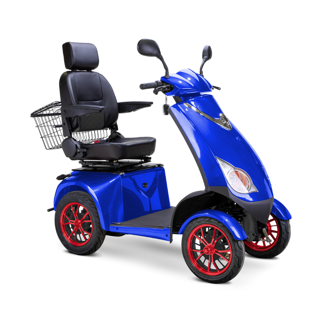 The Bespoke Platinum Recreational 4-Wheel Scooter with Electric Brake Assist features a blue finish, padded seat with armrests and headrest, rear metal basket, red wheel rims, mirrored handlebars, and smart technology for added convenience.